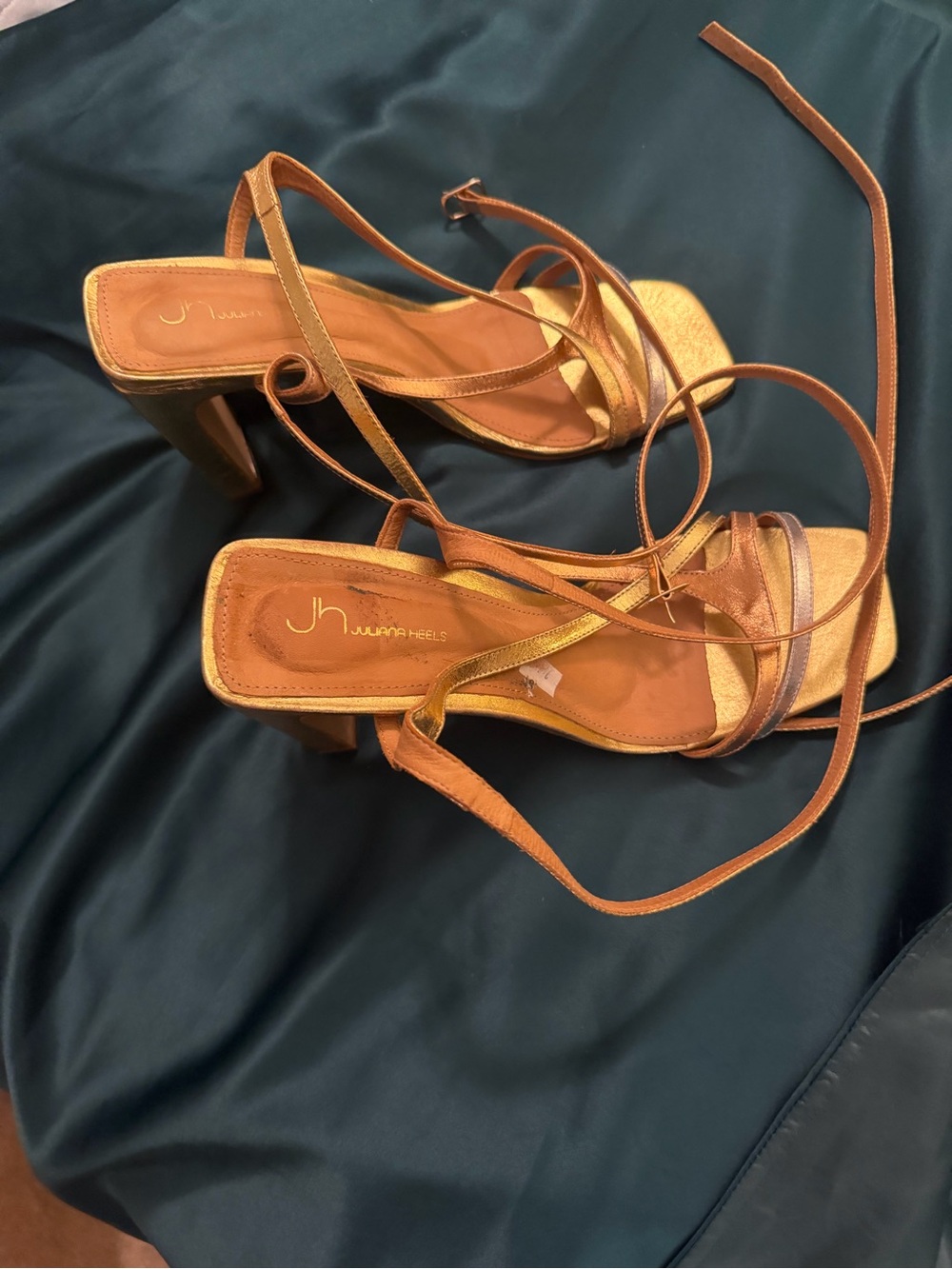 Metallic Gold Strappy Block Sandals with Wrap Ties